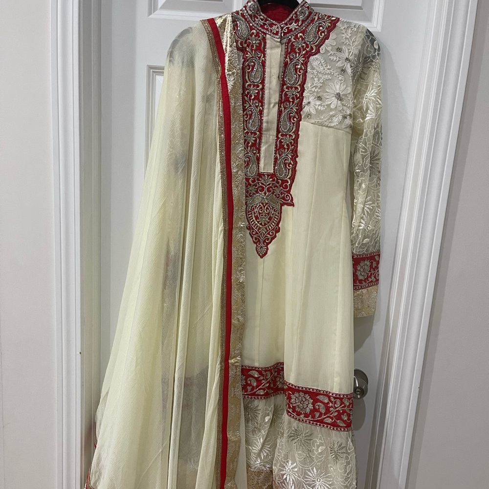 Cream/Red Anarkali Suit